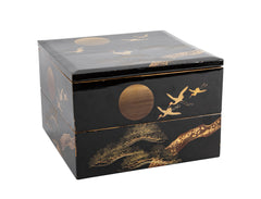 Japanese Gilt and Black Lacquer Box with Cranes Above Pine Tree Decor