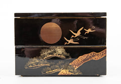 Japanese Gilt and Black Lacquer Box with Cranes Above Pine Tree Decor