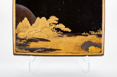 Japanese Suzuribako Box with Gold and Silver Raised Depiction of River Scene