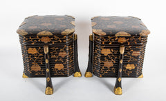 Pair of Japanese Black & Gold Lacquer Samurai Hakko Bako Boxes