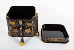 Pair of Japanese Black & Gold Lacquer Samurai Hakko Bako Boxes