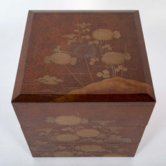 Japanese Maki-E Lacquered Jubako Box with Floral & Rooster Decor