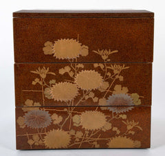 Japanese Maki-E Lacquered Jubako Box with Floral & Rooster Decor