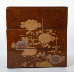 Japanese Maki-E Lacquered Jubako Box with Floral & Rooster Decor