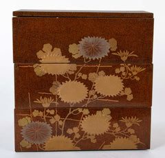 Japanese Maki-E Lacquered Jubako Box with Floral & Rooster Decor