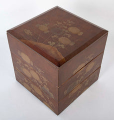 Japanese Maki-E Lacquered Jubako Box with Floral & Rooster Decor
