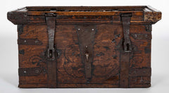 Black Painted English Oak Strongbox Decorated with Coat of Arms