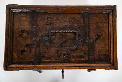 Black Painted English Oak Strongbox Decorated with Coat of Arms