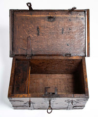 Black Painted English Oak Strongbox Decorated with Coat of Arms