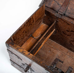 Black Painted English Oak Strongbox Decorated with Coat of Arms