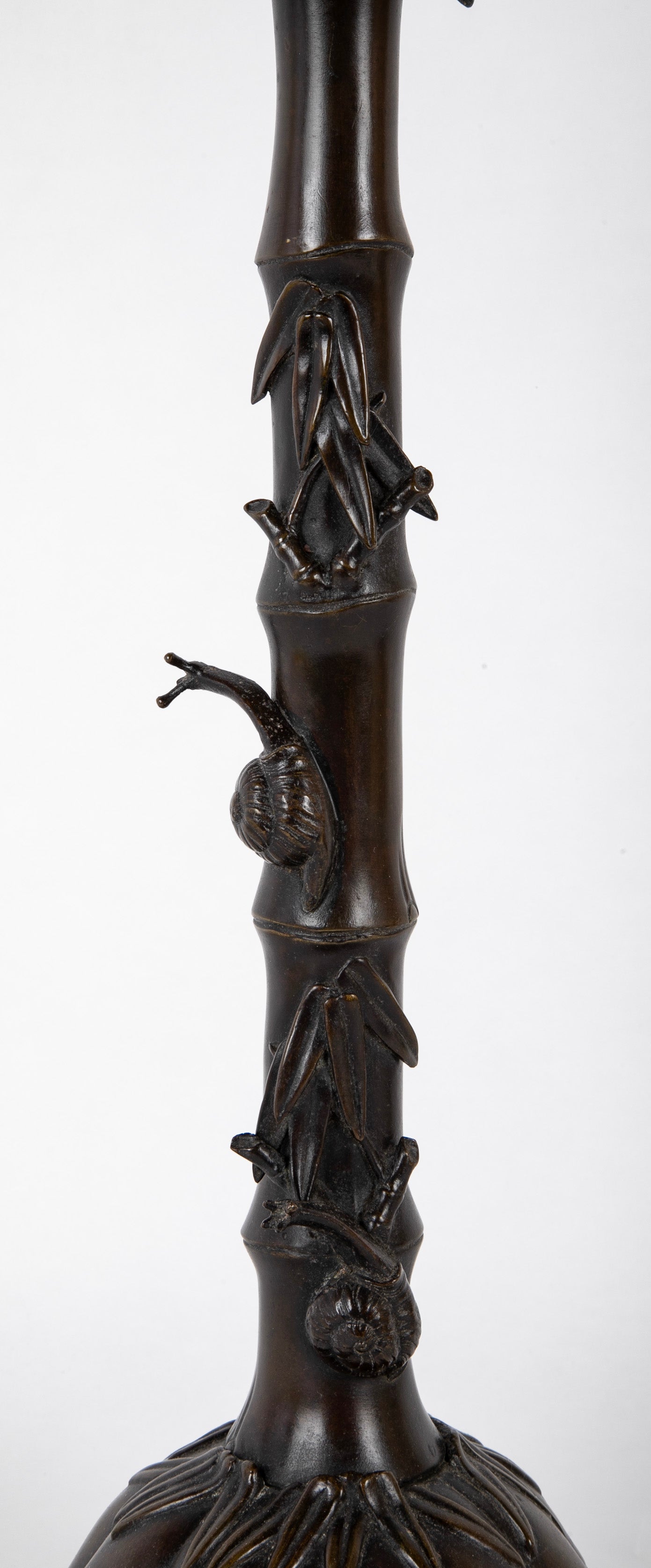 Two Japanese Candlesticks in Bronze as Bamboo with Fauna and Snails