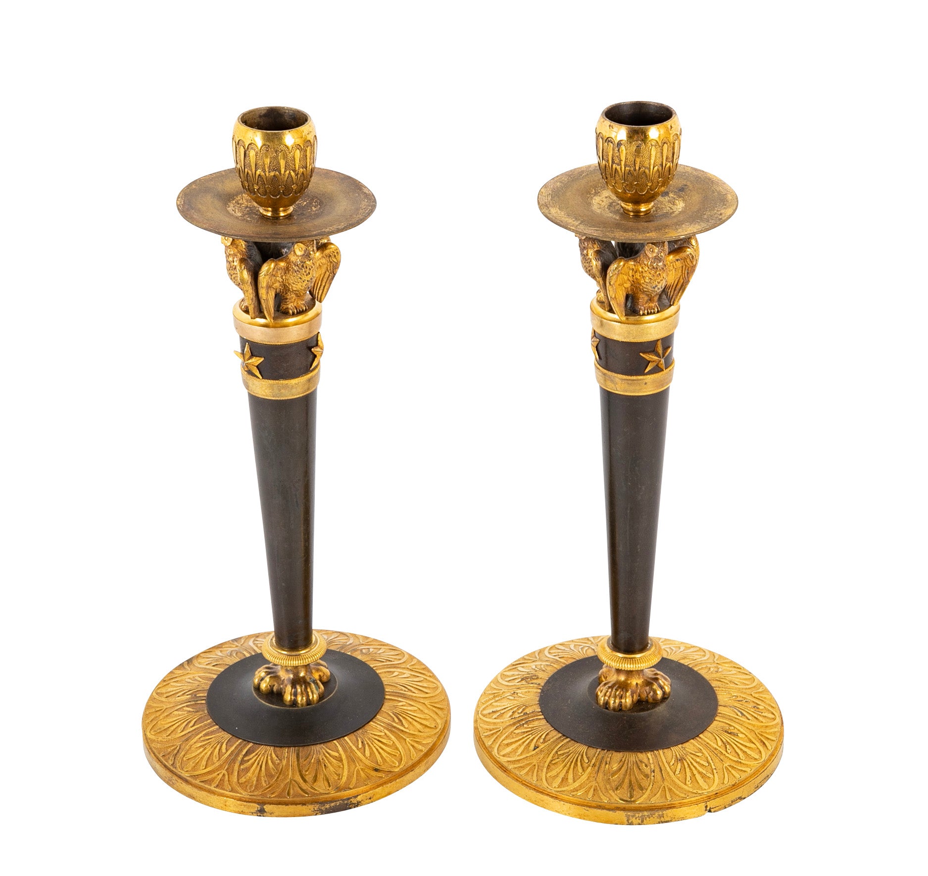 Pair of French Parcel-Gilt and Patinated Bronze Candlesticks