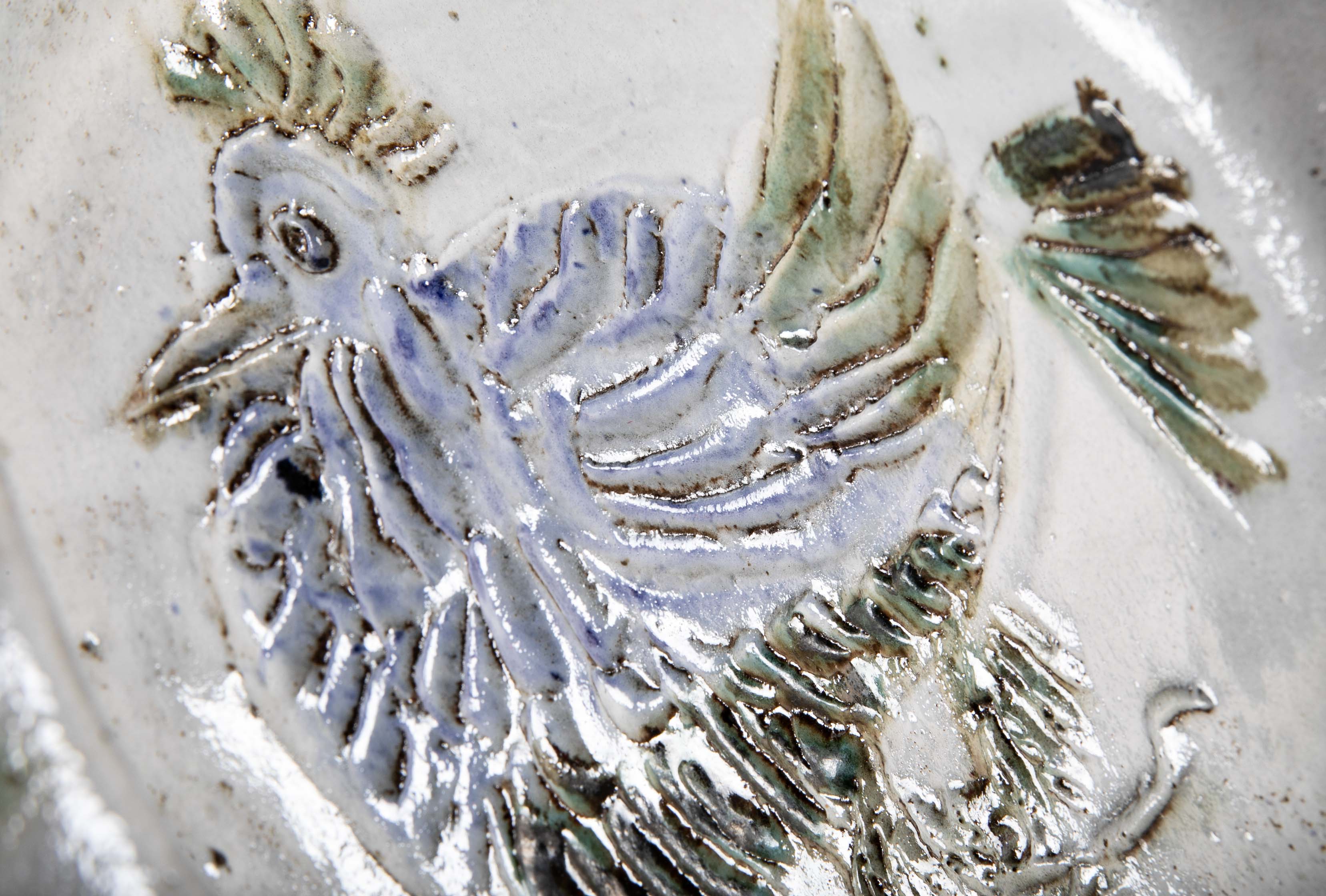 Shallow Ceramic Bowl with Chicken on White by Albert Thiry, Villauris, France