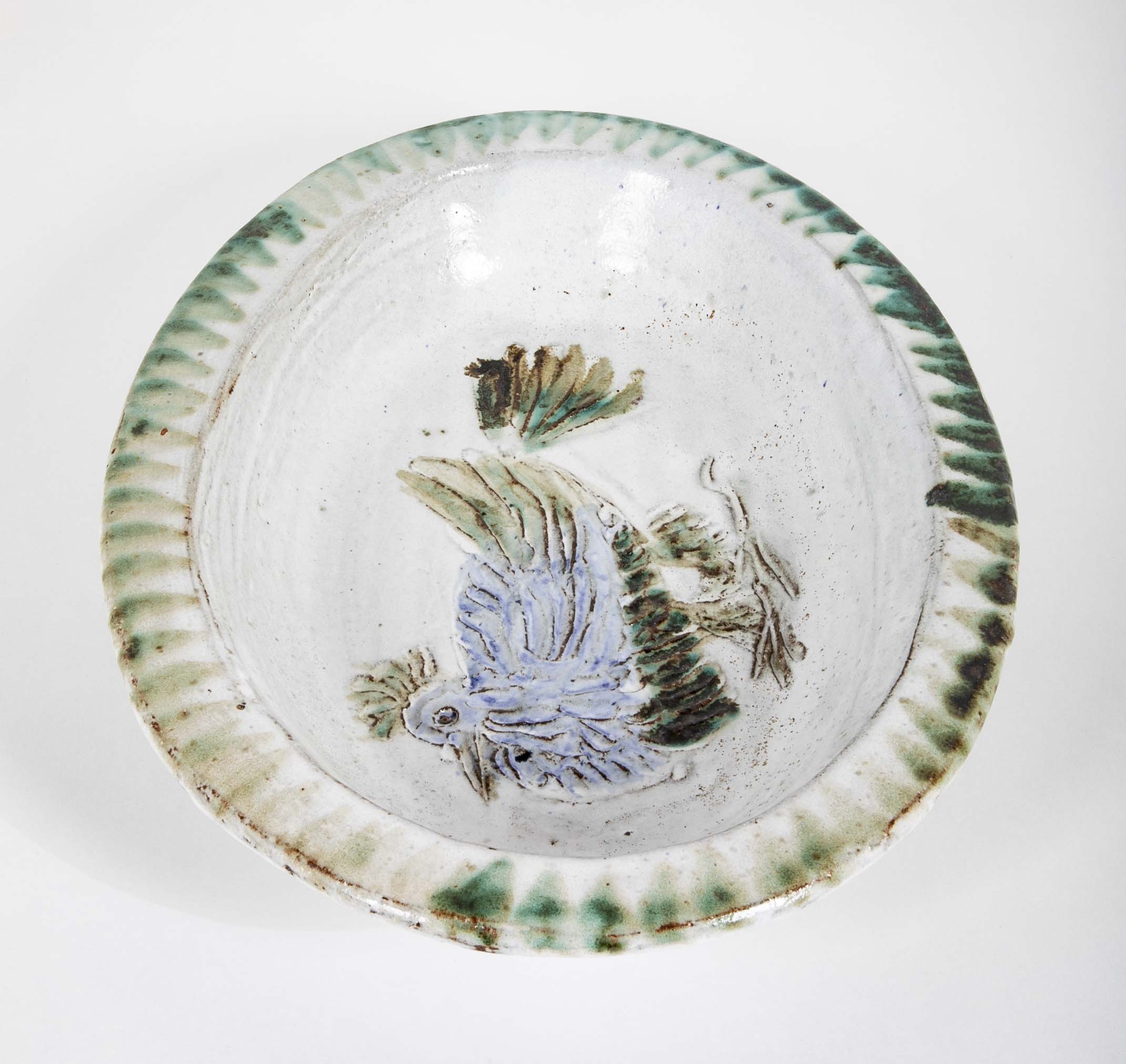 Shallow Ceramic Bowl with Chicken on White by Albert Thiry, Villauris, France