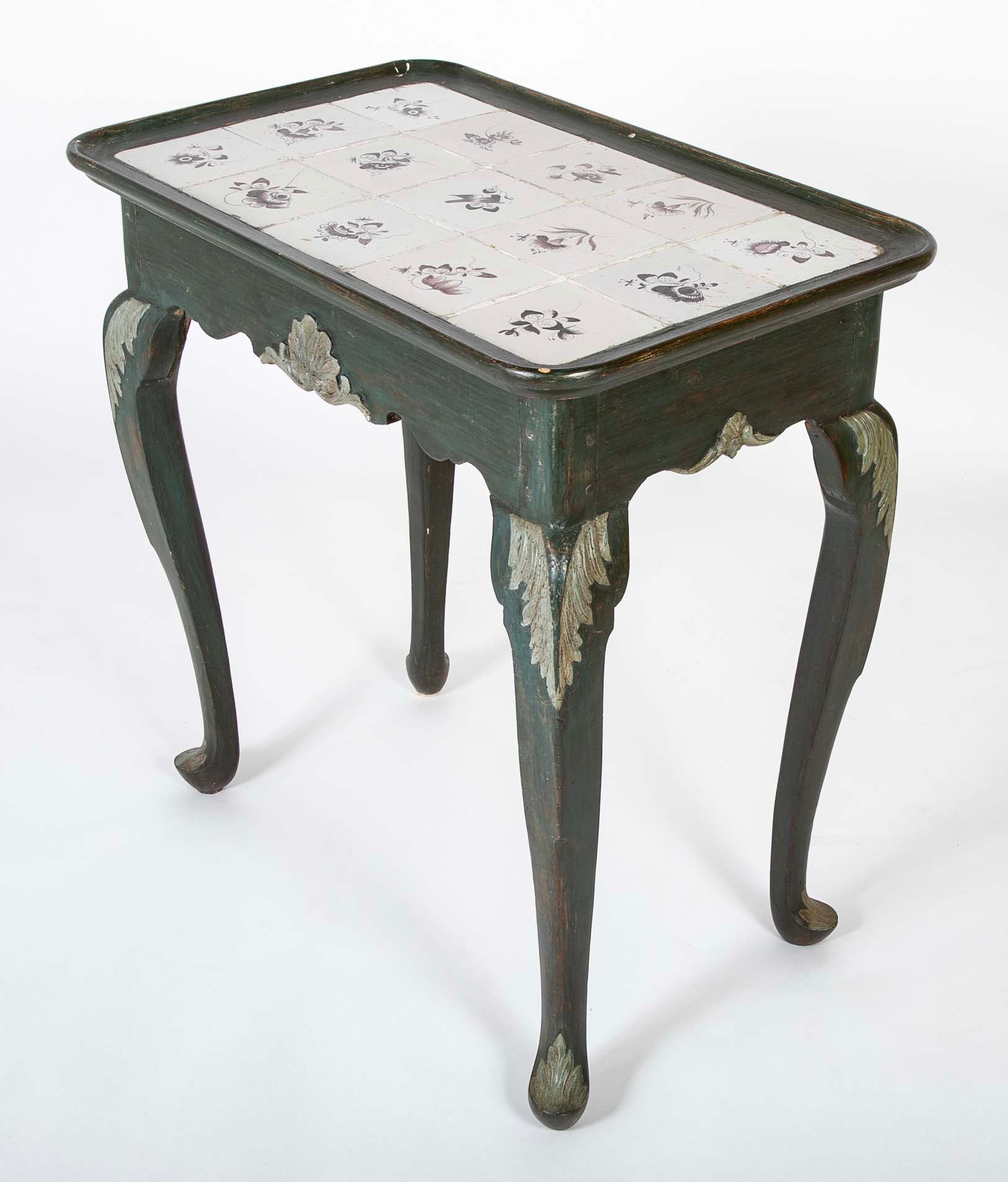 Tile Tripod, Green Painted Wood Rococo Table