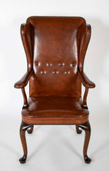 Danish Leather Wingback Chair in Stained Beech with Brass Nail Trim