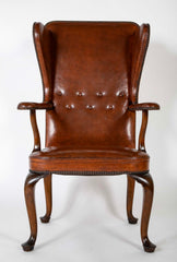Danish Leather Wingback Chair in Stained Beech with Brass Nail Trim