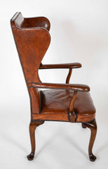 Danish Leather Wingback Chair in Stained Beech with Brass Nail Trim