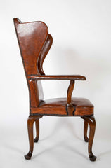 Danish Leather Wingback Chair in Stained Beech with Brass Nail Trim
