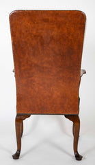 Danish Leather Wingback Chair in Stained Beech with Brass Nail Trim