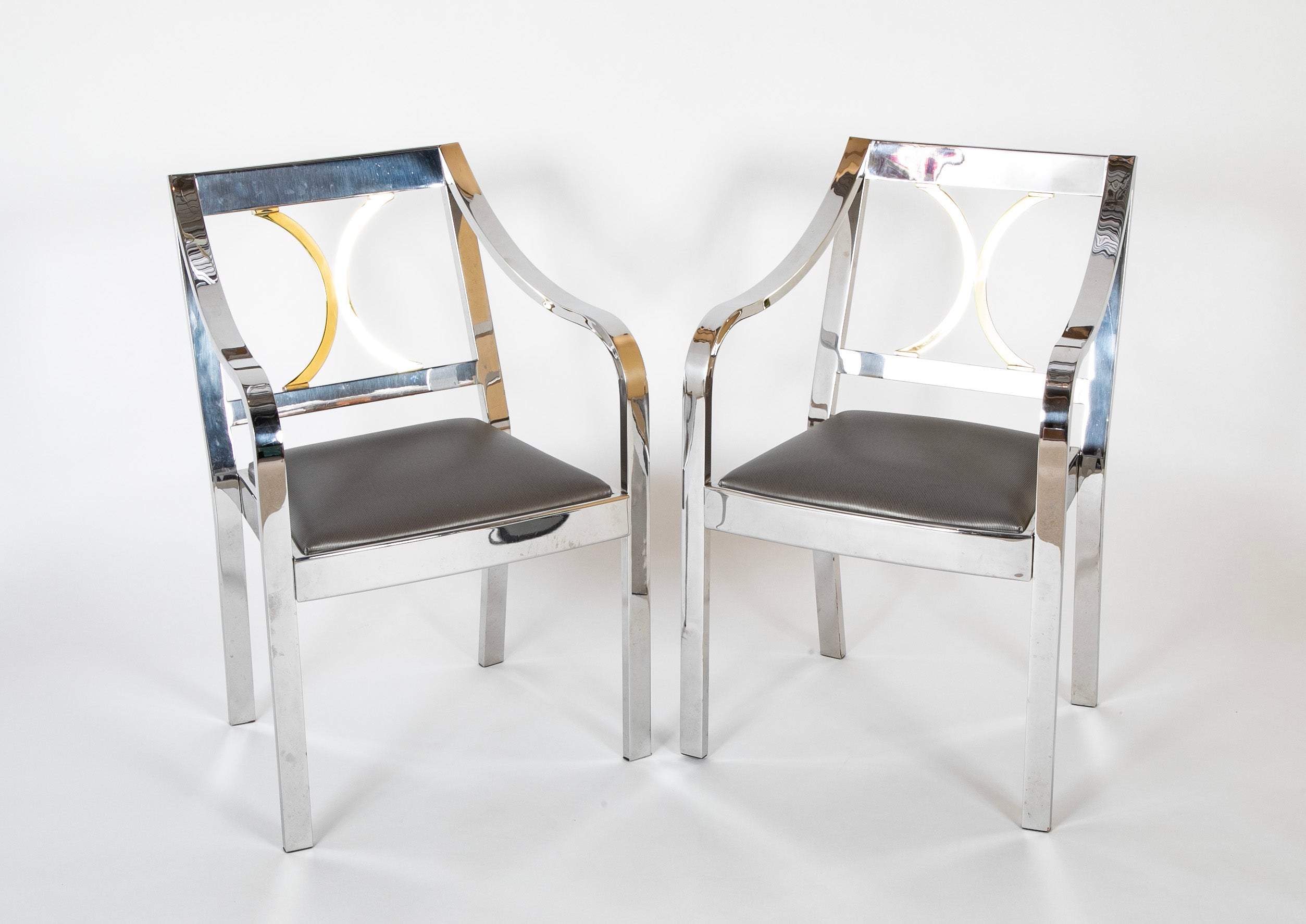 Pair of Karl Springer Armchairs in Polished Steel & Brass Pair of Karl Springer Armchairs in Polished Steel & Brass