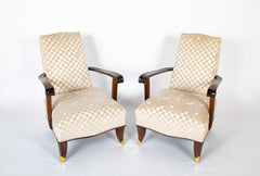 Pair of French Mahogany Upholstered Armchairs with Bronze Sabots