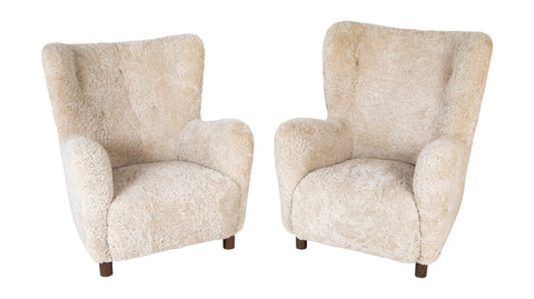 Pair of Armchairs in White Sheepskin Upholstery in the Style of Mogens Lassen