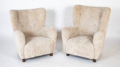 Pair of Armchairs in White Sheepskin Upholstery in the Style of Mogens Lassen