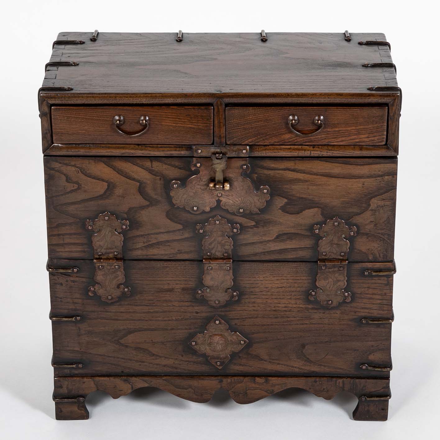 Korean Two Drawer and Drop Down Cupboard Door Chest of Zelkova Wood