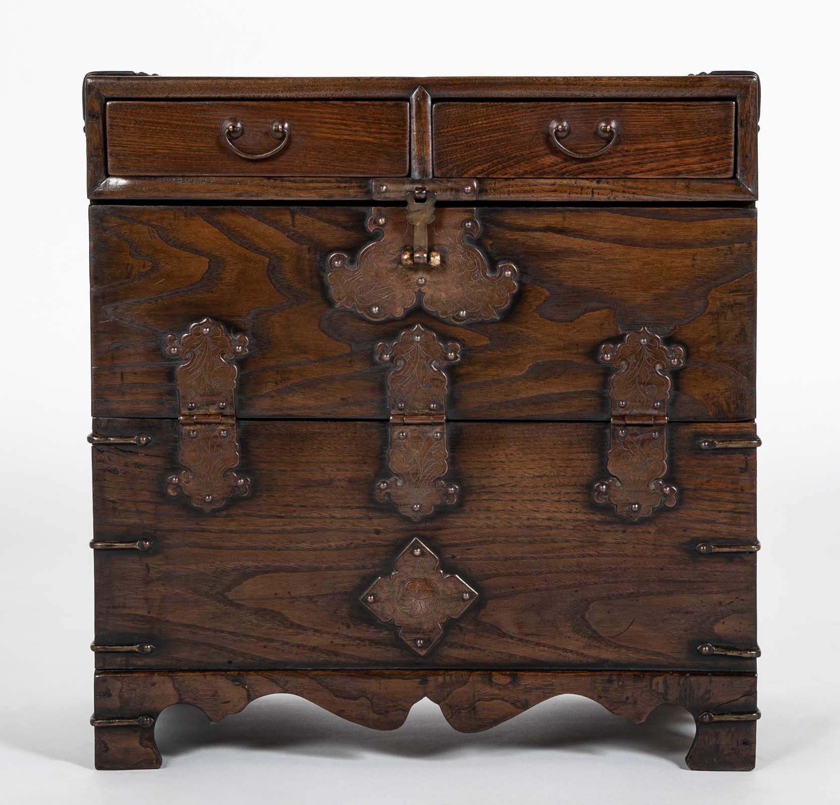 Korean Two Drawer and Drop Down Cupboard Door Chest of Zelkova Wood