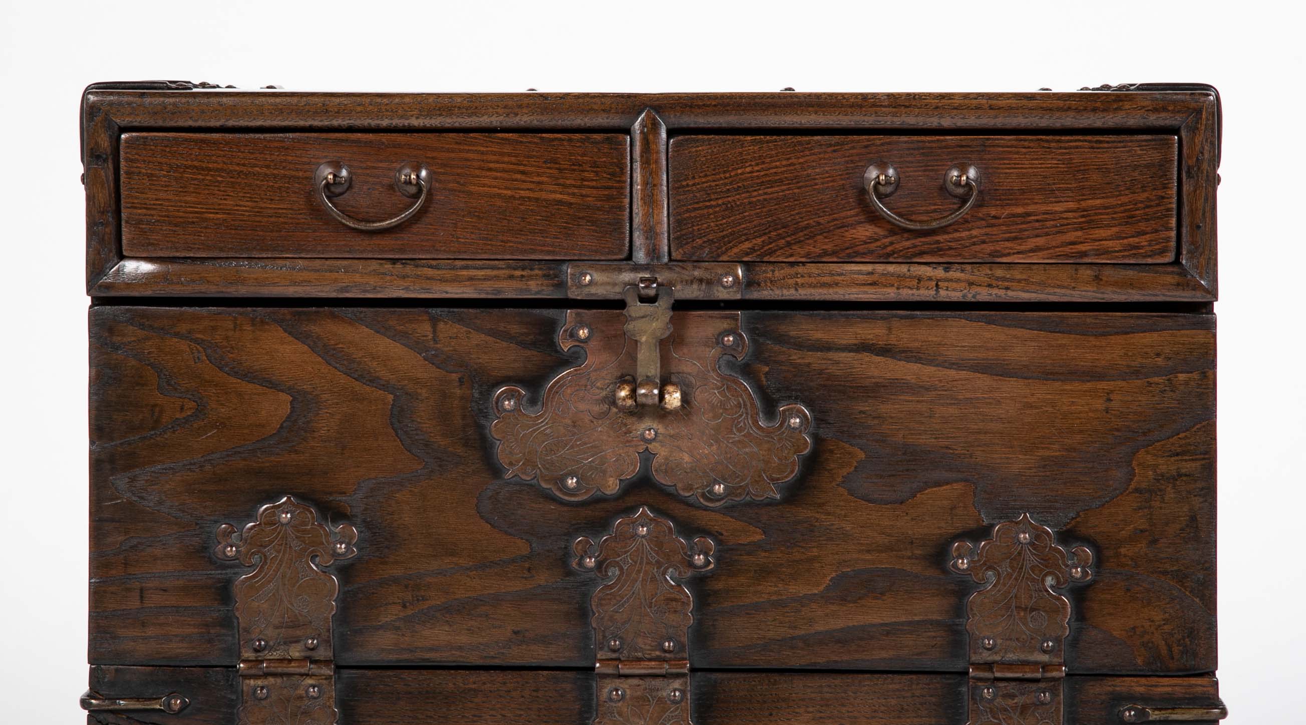 Korean Two Drawer and Drop Down Cupboard Door Chest of Zelkova Wood