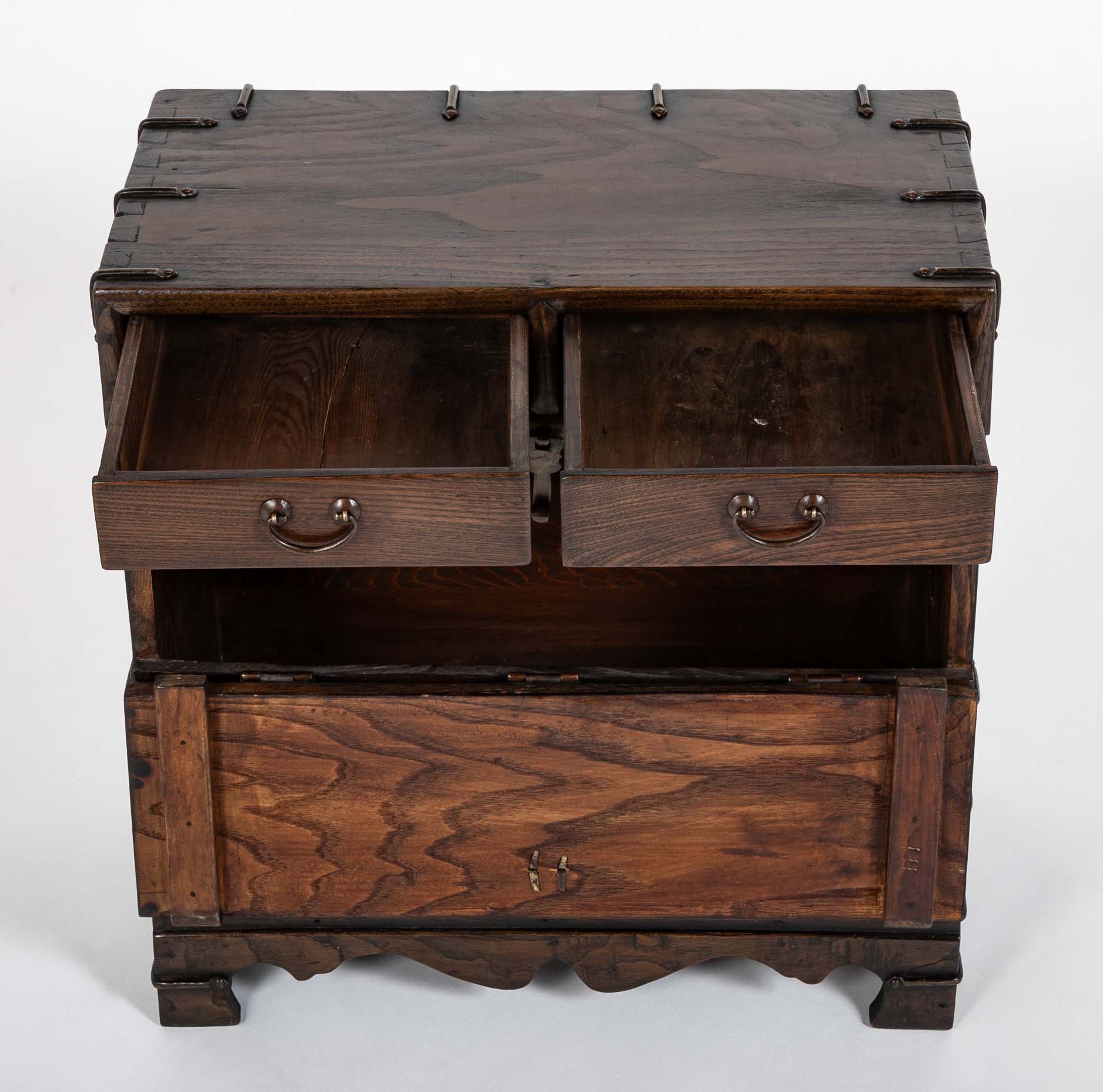 Korean Two Drawer and Drop Down Cupboard Door Chest of Zelkova Wood