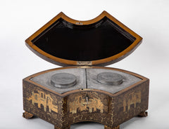 Chinese Export Lacquer & Pewter Tea Caddy in Unusual Fan Form