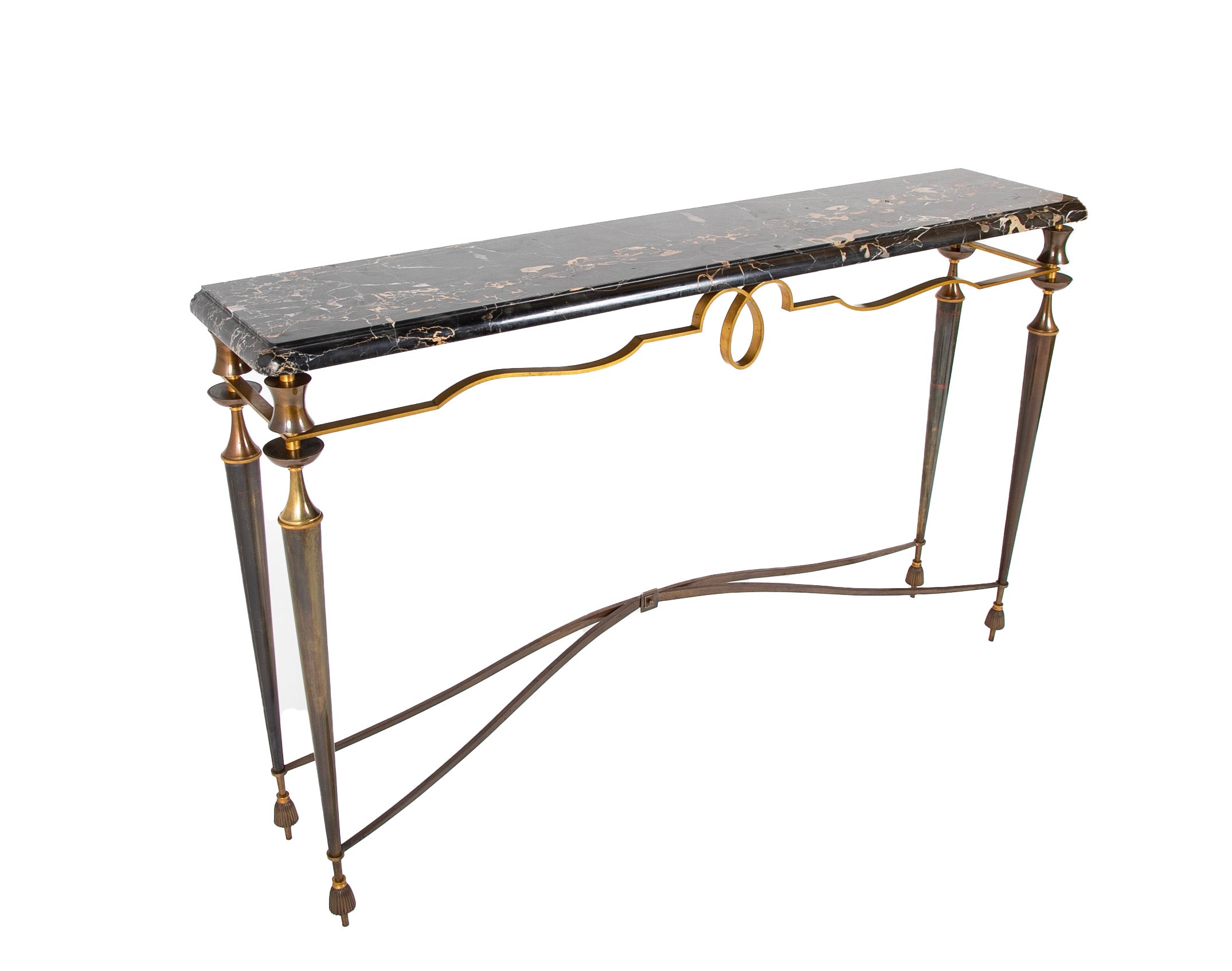 French Patinated Iron Marble Top Console Table In The Manner of Poillerat.