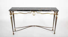 French Patinated Iron Marble Top Console Table In The Manner of Poillerat.