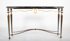 French Patinated Iron Marble Top Console Table In The Manner of Poillerat.