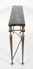 French Patinated Iron Marble Top Console Table In The Manner of Poillerat.