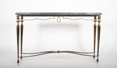 French Patinated Iron Marble Top Console Table In The Manner of Poillerat.