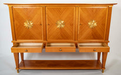 Jean Pascaud Blond Mahogany Credenza with Ormolu Sun Masks by Vadim Androusou