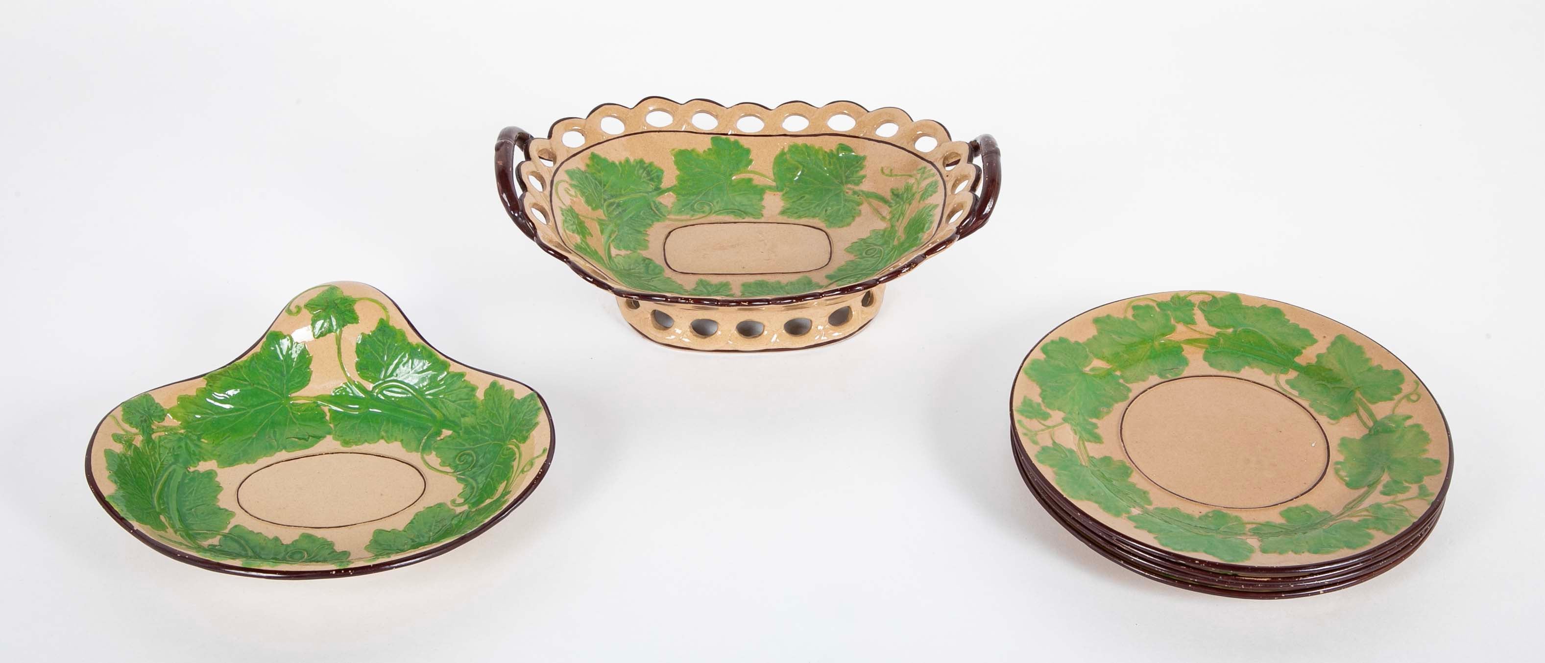 Set of Six Brown Glazed Earthenware Pieces with Raised Green Glazed Leaves
