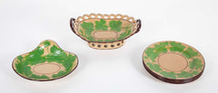 Set of Six Brown Glazed Earthenware Pieces with Raised Green Glazed Leaves