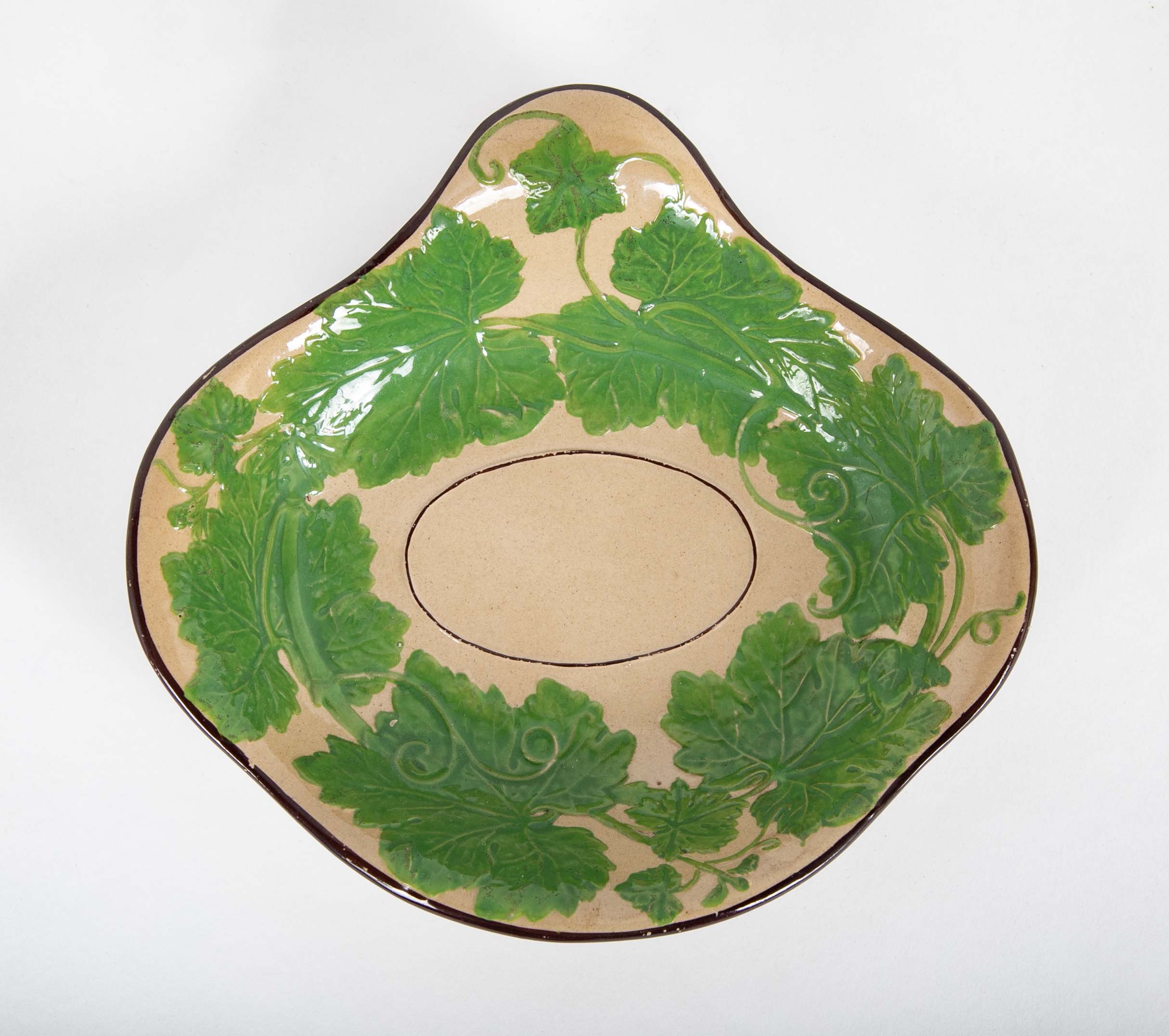 Set of Six Brown Glazed Earthenware Pieces with Raised Green Glazed Leaves