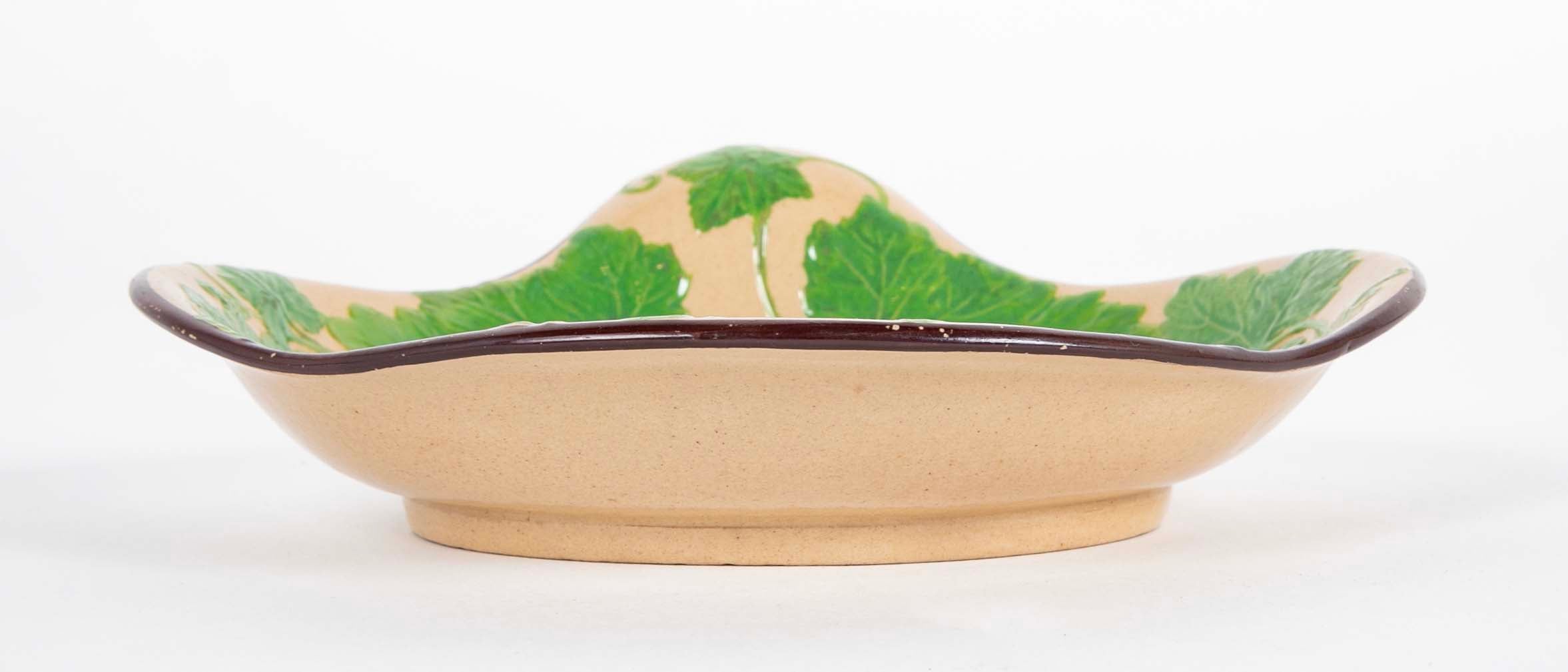 Set of Six Brown Glazed Earthenware Pieces with Raised Green Glazed Leaves