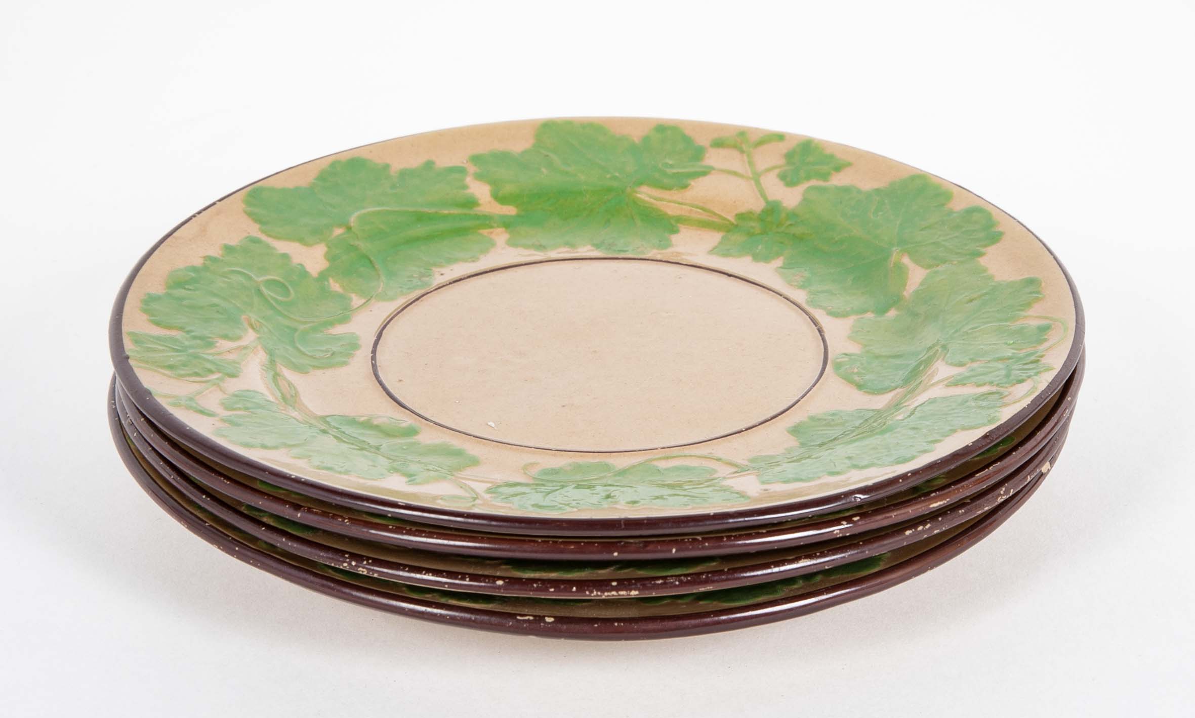 Set of Six Brown Glazed Earthenware Pieces with Raised Green Glazed Leaves