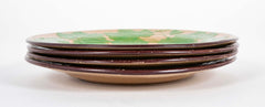 Set of Six Brown Glazed Earthenware Pieces with Raised Green Glazed Leaves
