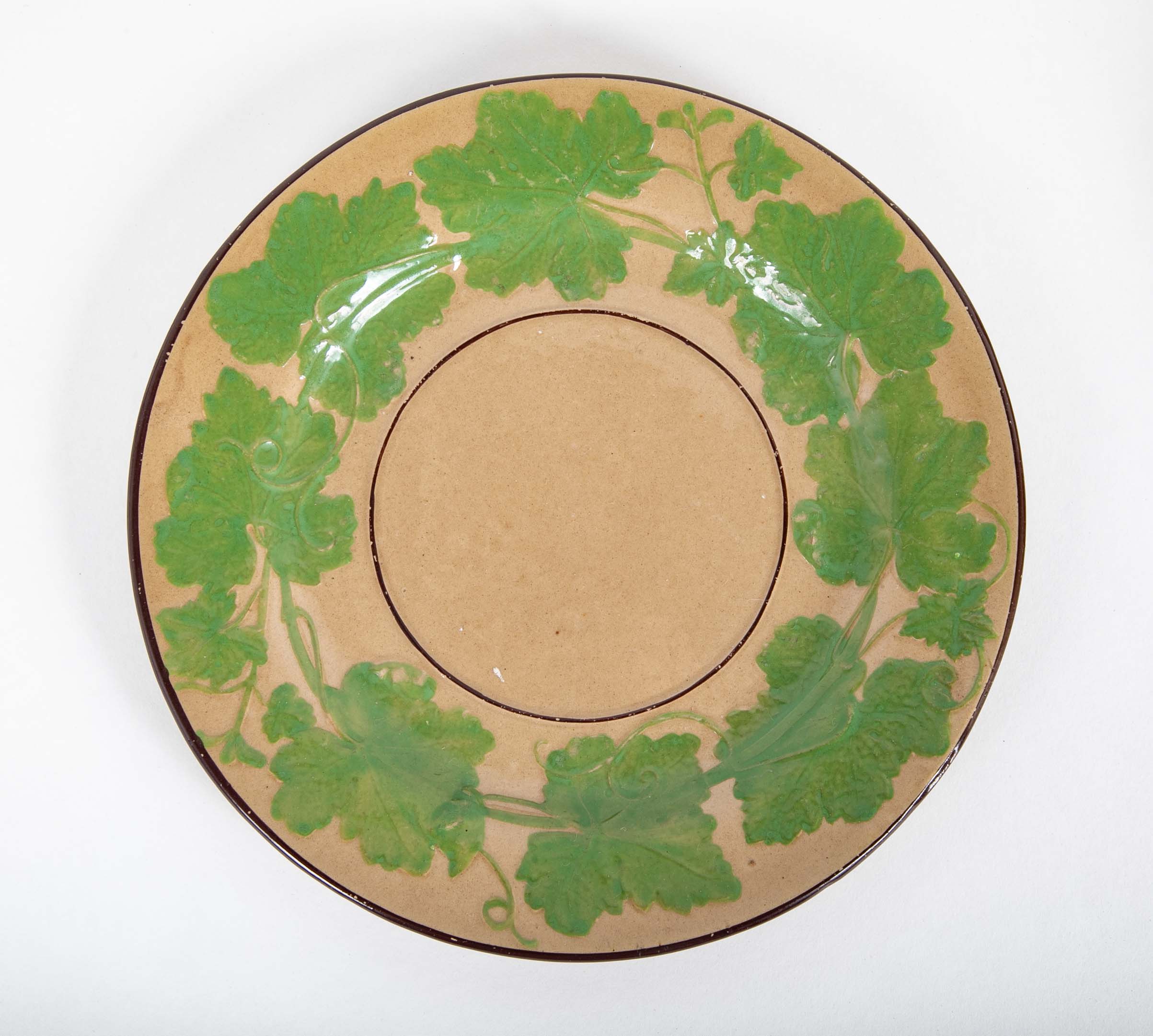 Set of Six Brown Glazed Earthenware Pieces with Raised Green Glazed Leaves