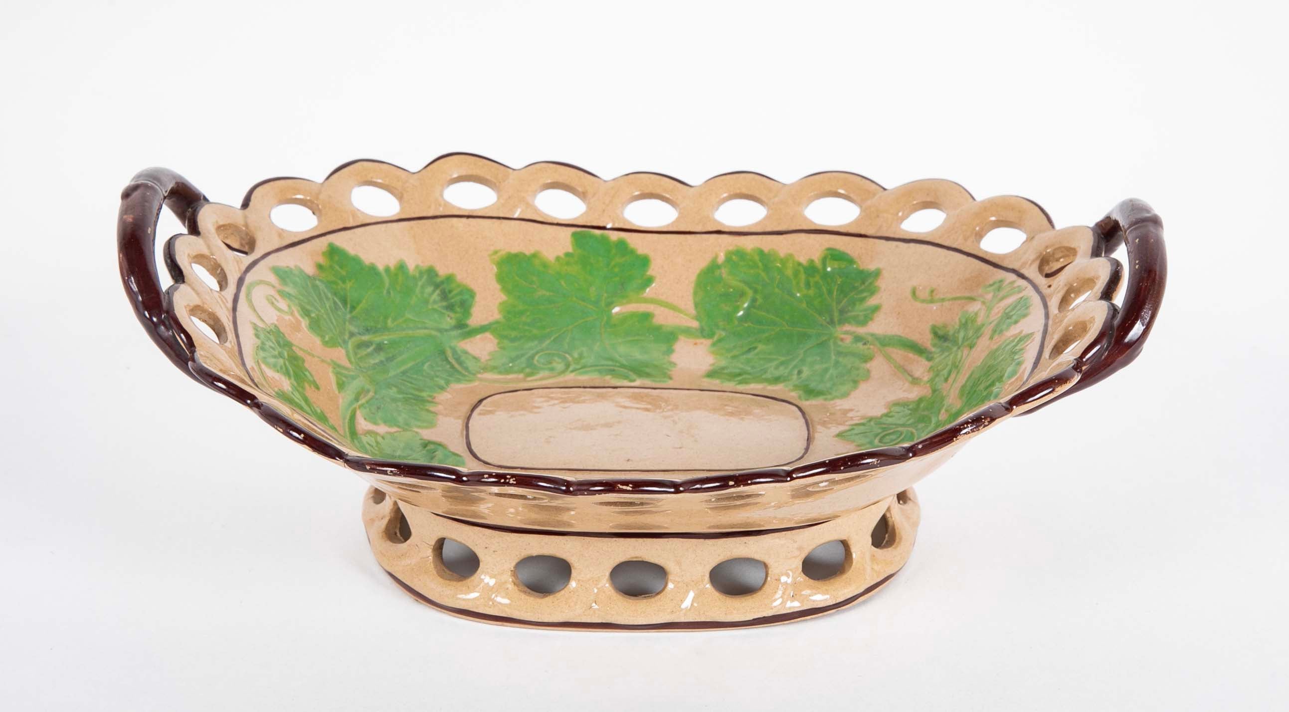 Set of Six Brown Glazed Earthenware Pieces with Raised Green Glazed Leaves