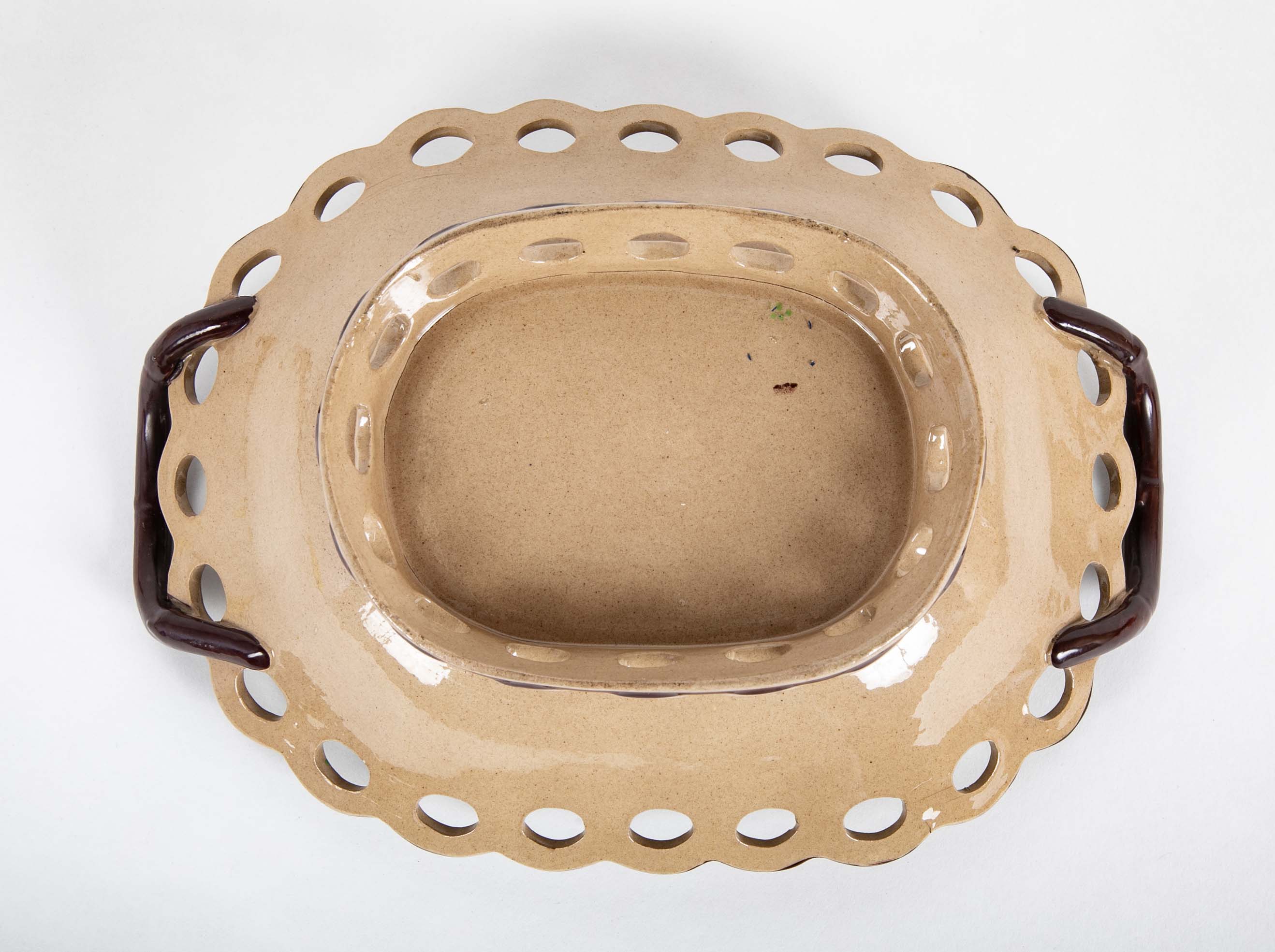 Set of Six Brown Glazed Earthenware Pieces with Raised Green Glazed Leaves