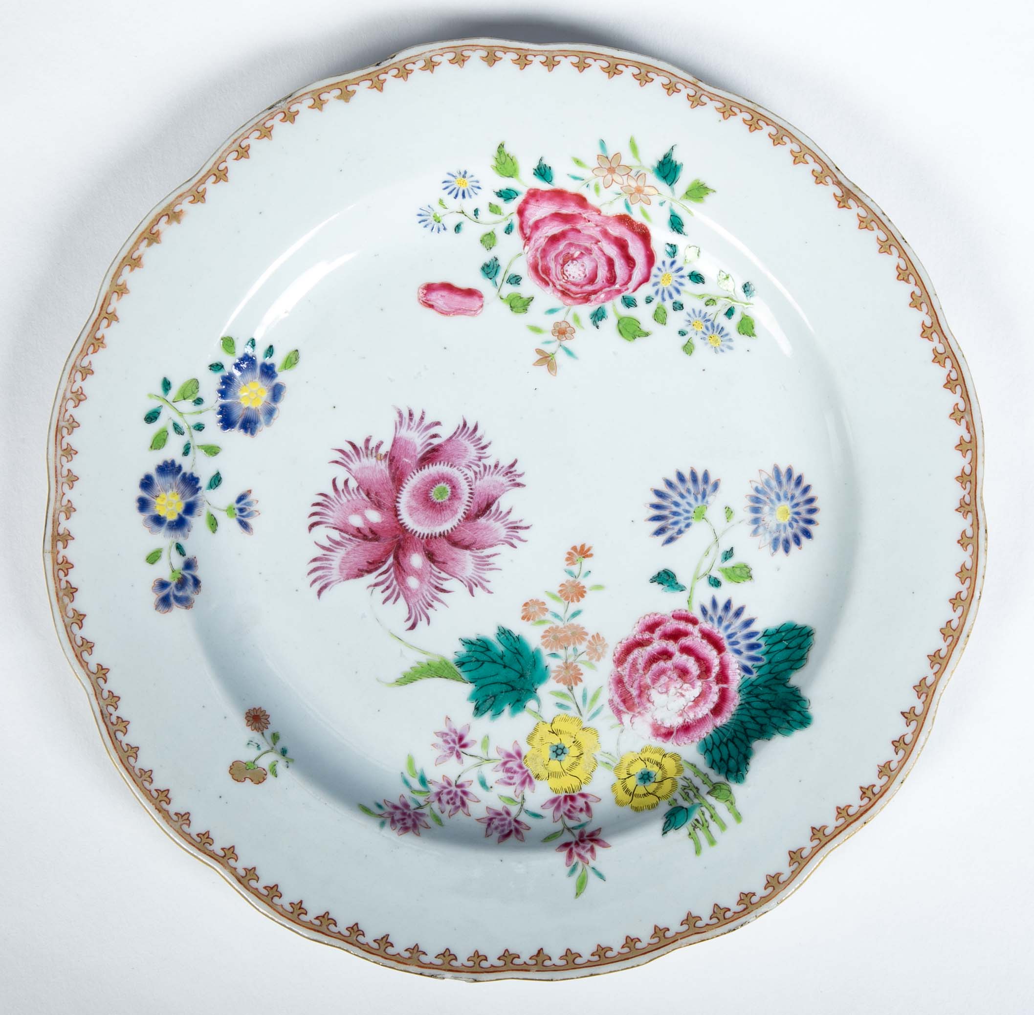 Pair of Chinese Export Famille Rose Porcelain Plates with Floral Polychrome Decor