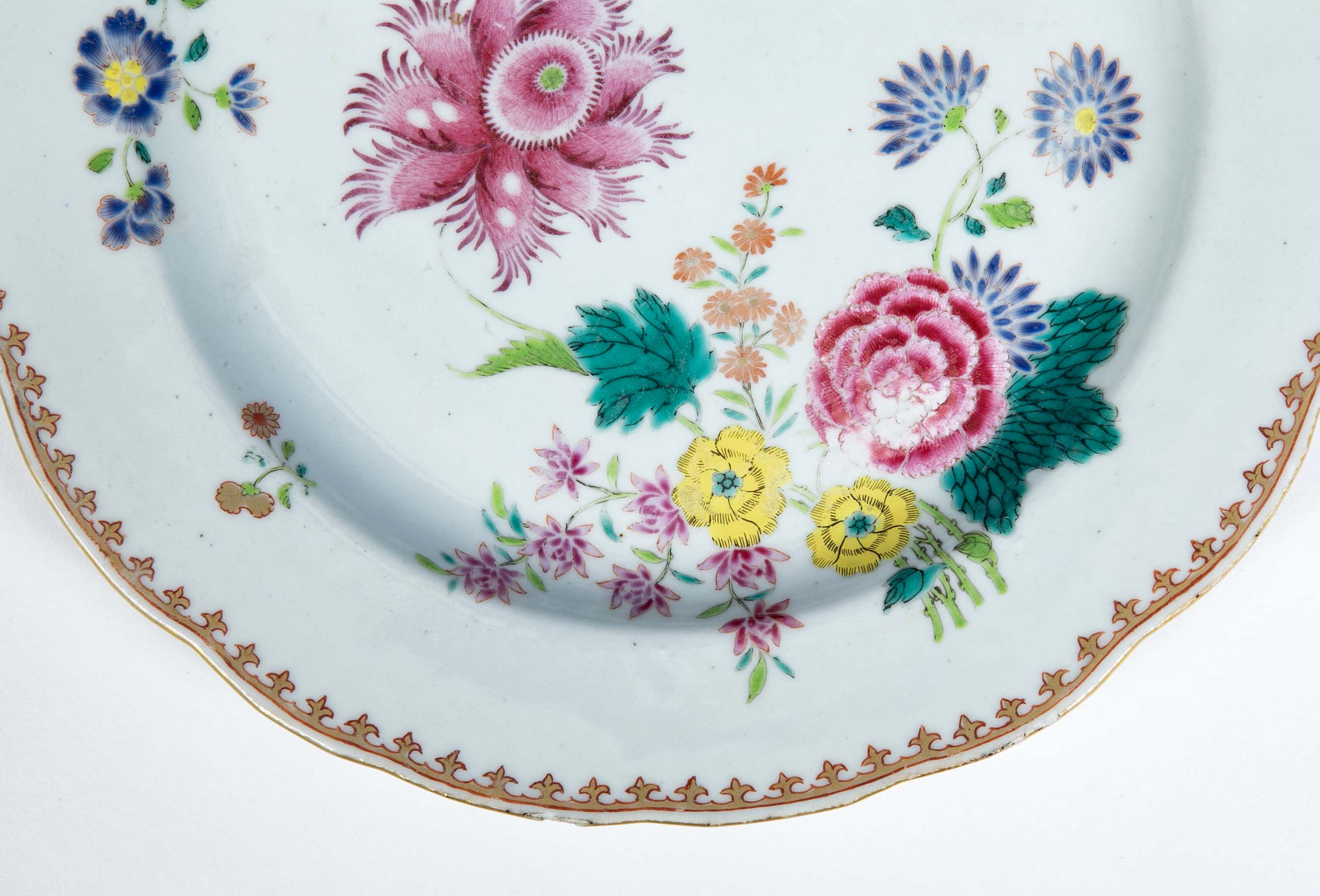 Pair of Chinese Export Famille Rose Porcelain Plates with Floral Polychrome Decor